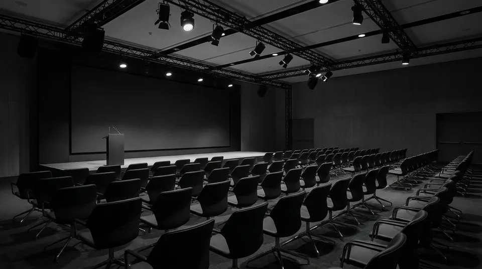 Salón de conferencias preparado para una transmisión
