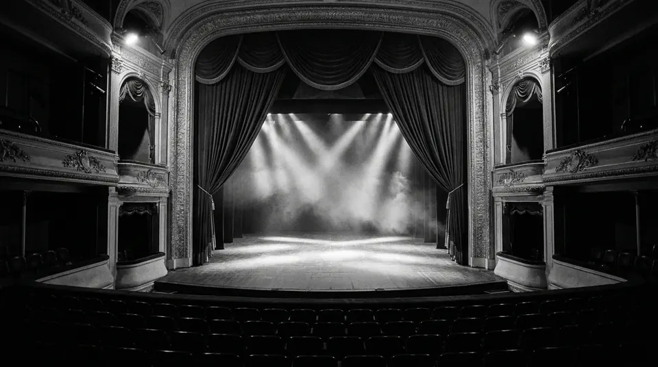 Escenario de teatro iluminado con el telón abierto